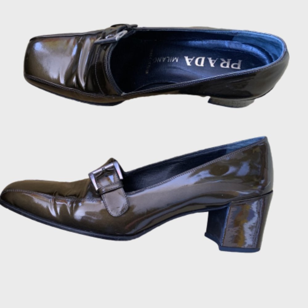 PRADA Patent Leather LOAFERS w/heel & Decorative Buckle